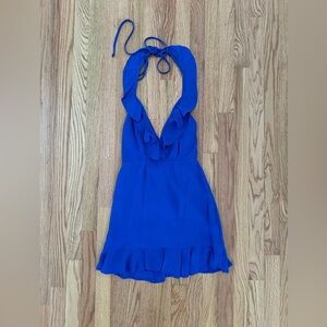 Revolve Superdown Blue Flare Dress with Ruffles & Criss Cross Back